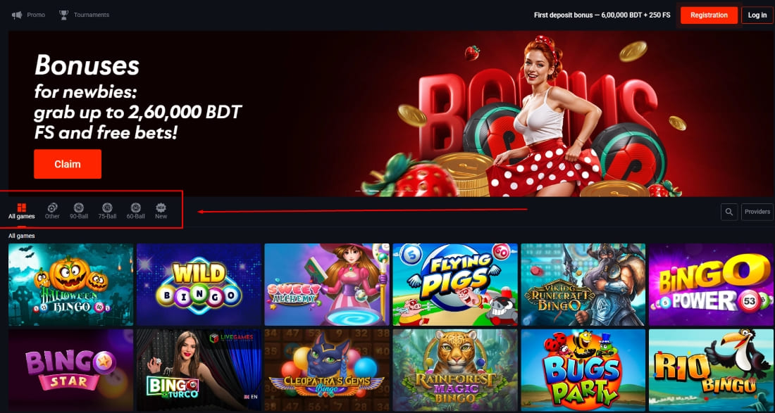 Bingo section promo for new users with bonus offer, navigation tabs, and game previews