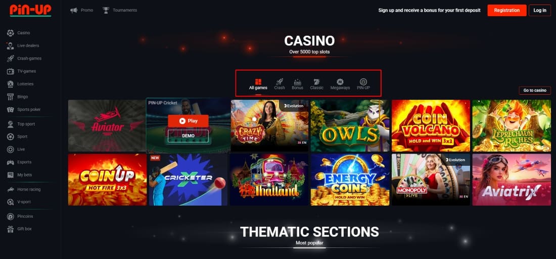 Main casino page with navigation to categories like crash, classic, Megaways, and featured games