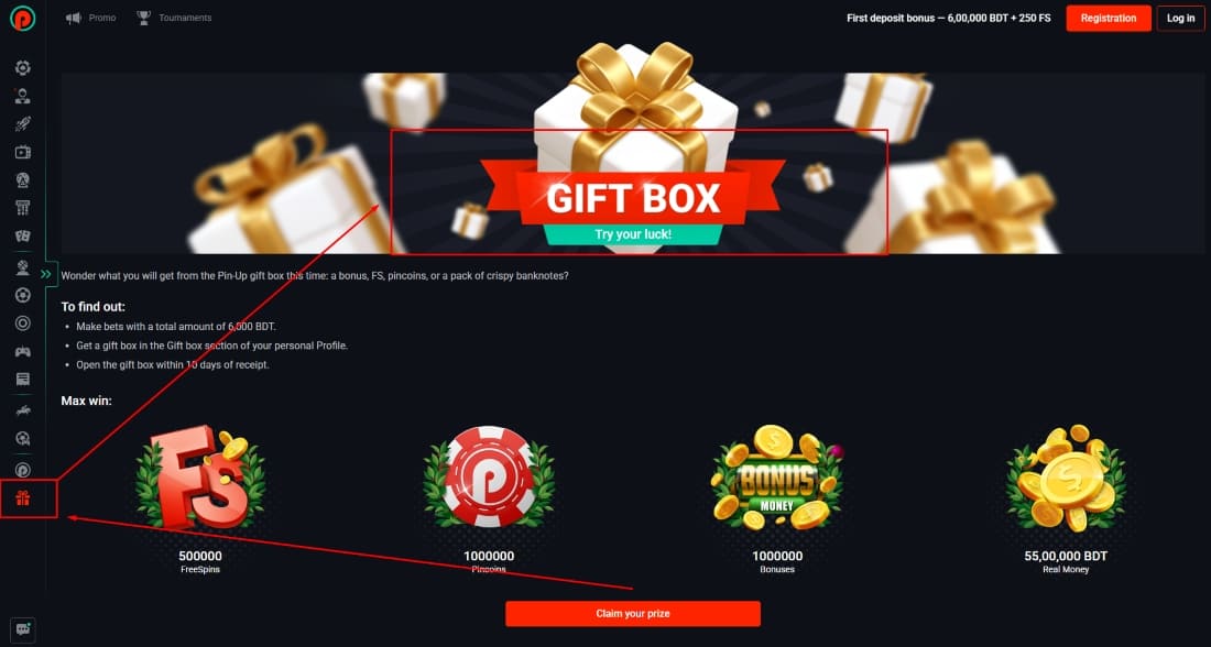 Gift box section featuring prizes like free spins, bonuses, pincoins and real money rewards
