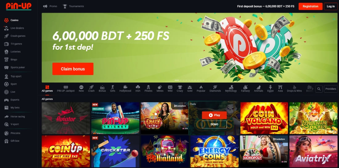 Homepage showing deposit bonus banner and game previews including Aviator and Cricketer