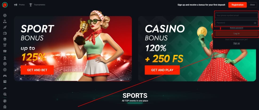 Casino and sports bonus banner with login popup form showing fields and bonus options