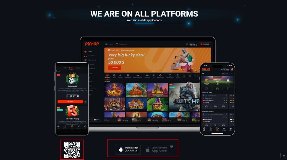 Cross-platform availability promo with Android/iOS download buttons and device previews