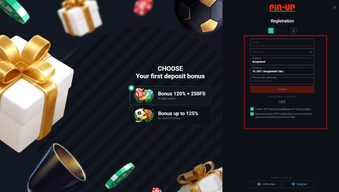 Registration screen offering first deposit bonus for casino and sports with promo input field