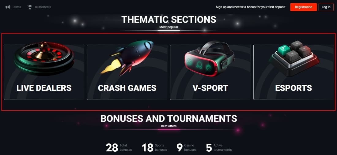 Thematic game categories including live dealers, crash games, V-sport and esports
